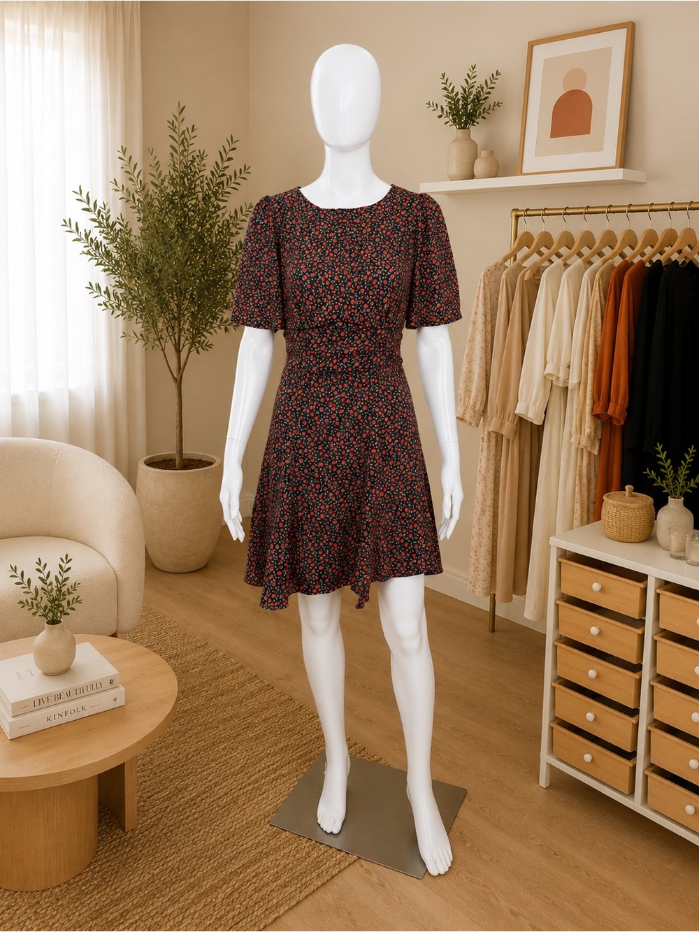 Together Black Mini Dress with Red Floral Print